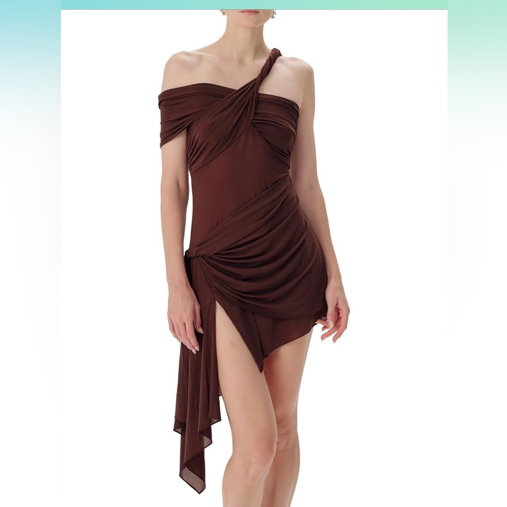 Ronny Kobo Collection Brown Asymmetrical One Shoulder Dress